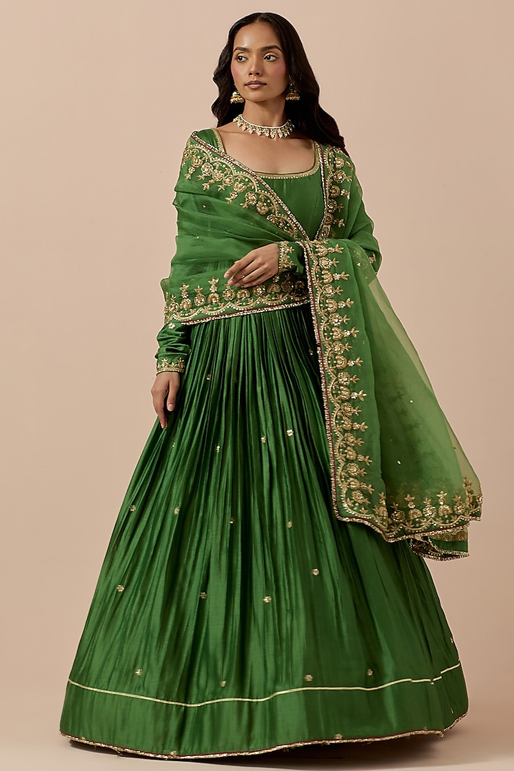 Forest Green Chanderi Hand Embroidered Anarkali Set by Ikshita Choudhary at Pernia's Pop Up Shop