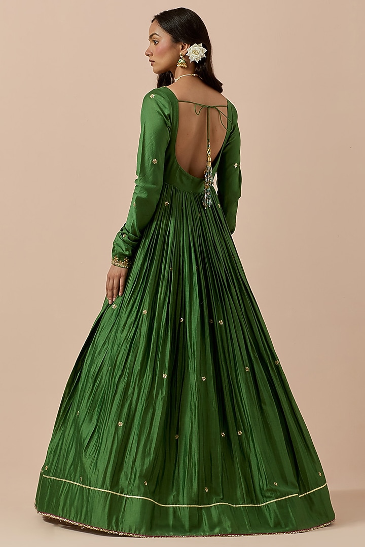 Forest Green Chanderi Hand Embroidered Wedding Anarkali Set by Ikshita Choudhary at Pernia's Pop Up Shop