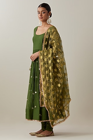 Green Chanderi Hand Embroidered Anarkali Set by Ikshita Choudhary