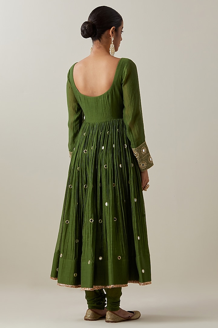 Green Chanderi Hand Embroidered Party Wear Anarkali Set by Ikshita Choudhary at Pernia's Pop Up Shop