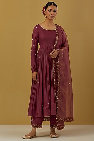 Maroon Cheese Cotton Embroidered Anarkali Set by Ikshita Choudhary