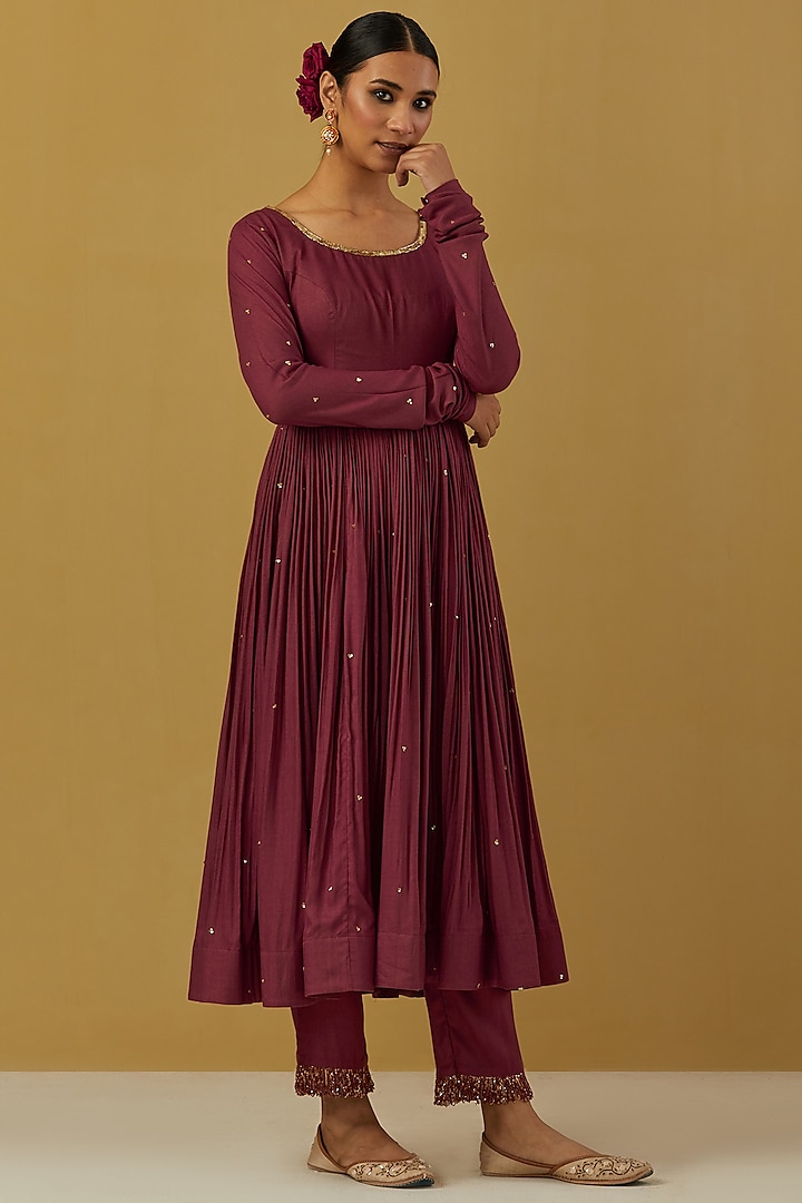 Maroon Cheese Cotton Embroidered Party Wear Anarkali Set by Ikshita Choudhary at Pernia's Pop Up Shop
