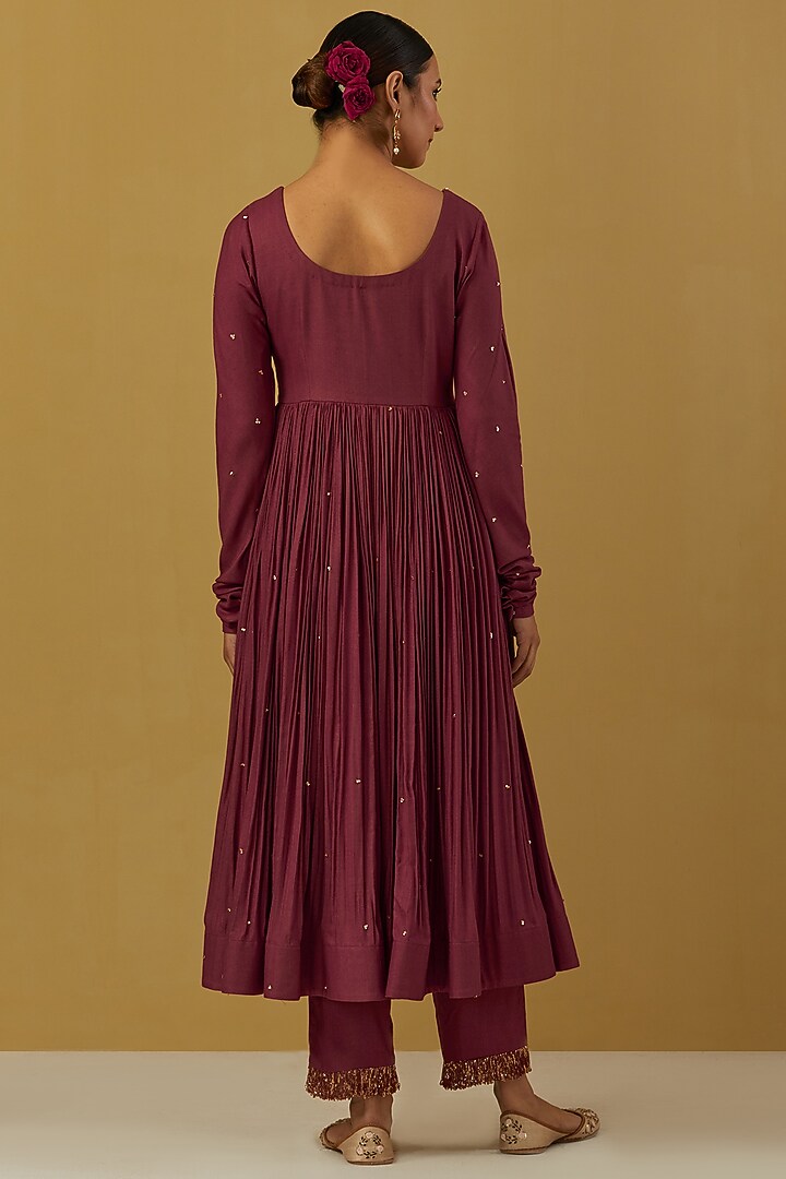 Maroon Cheese Cotton Embroidered Party Wear Anarkali Set by Ikshita Choudhary at Pernia's Pop Up Shop