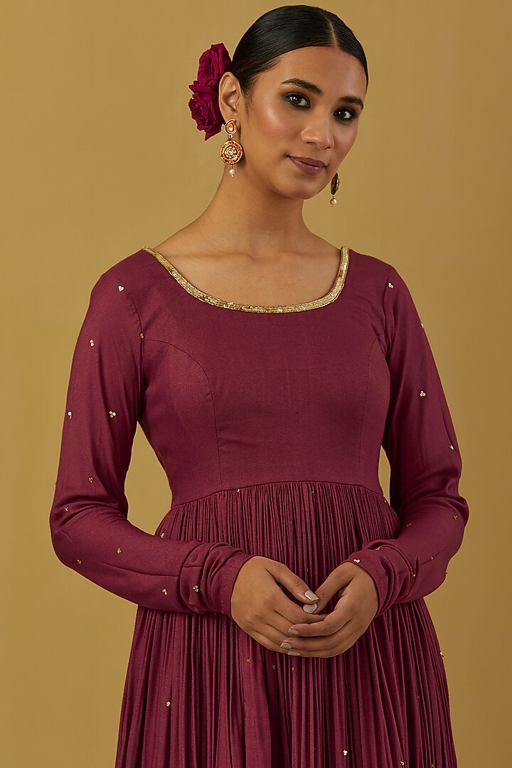 Maroon Cheese Cotton Embroidered Party Wear Anarkali Set by Ikshita Choudhary at Pernia's Pop Up Shop