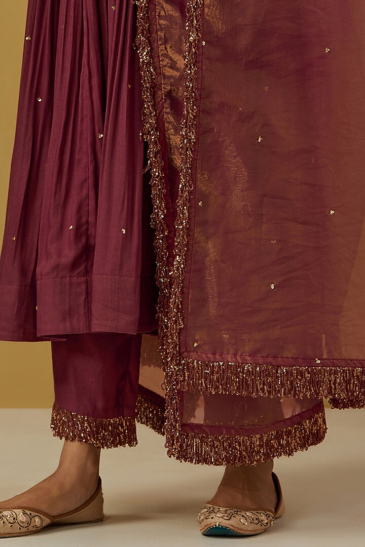 Maroon Cheese Cotton Embroidered Party Wear Anarkali Set by Ikshita Choudhary at Pernia's Pop Up Shop