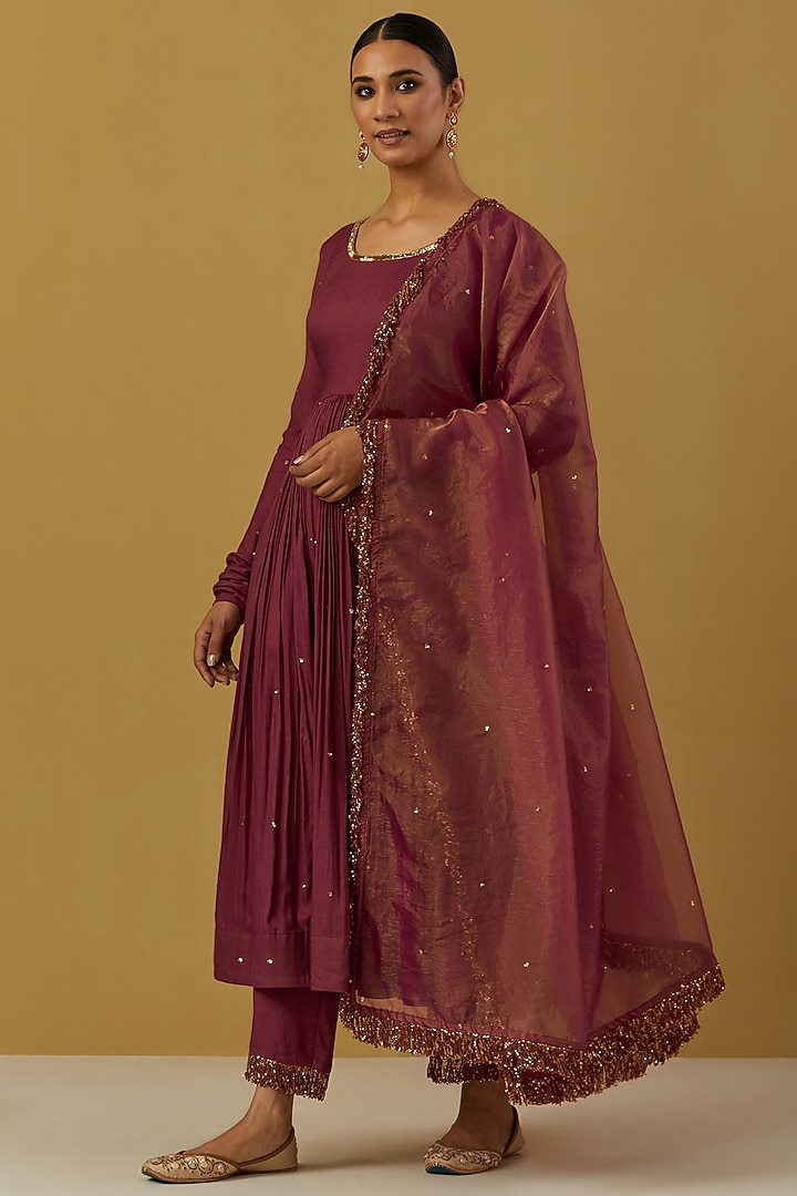 Maroon Cheese Cotton Embroidered Party Wear Anarkali Set by Ikshita Choudhary at Pernia's Pop Up Shop