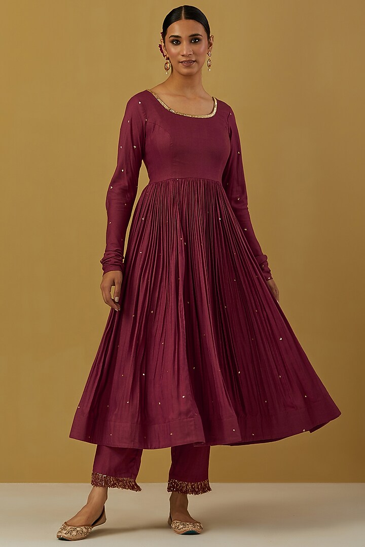 Maroon Cheese Cotton Embroidered Party Wear Anarkali Set by Ikshita Choudhary at Pernia's Pop Up Shop