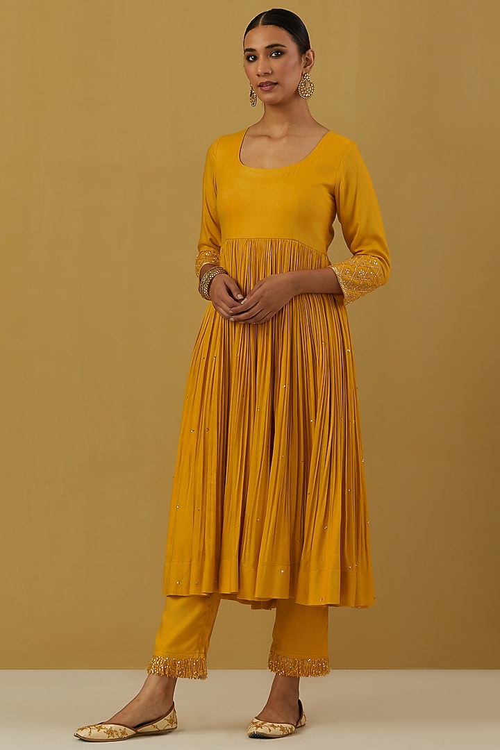 Yellow Cheese Cotton Embroidered Party Wear Anarkali Set by Ikshita Choudhary at Pernia's Pop Up Shop