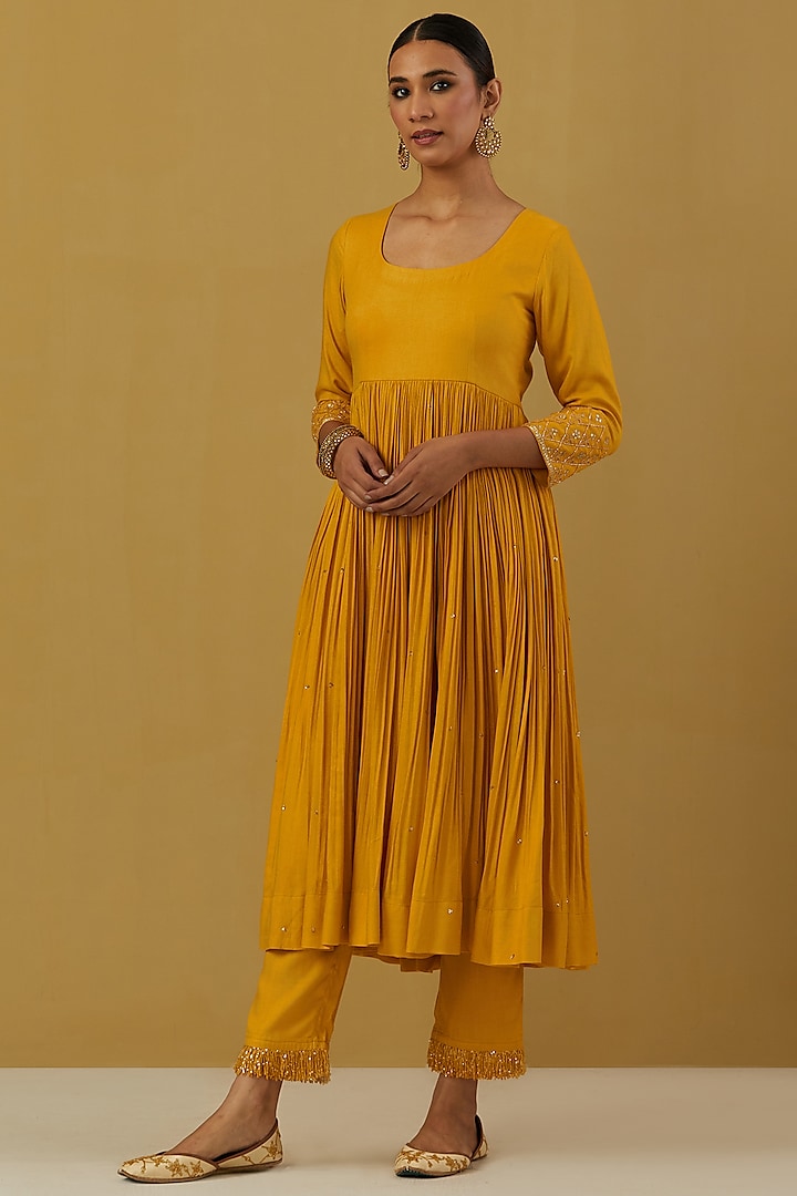 Yellow Cheese Cotton Embroidered Anarkali by Ikshita Choudhary