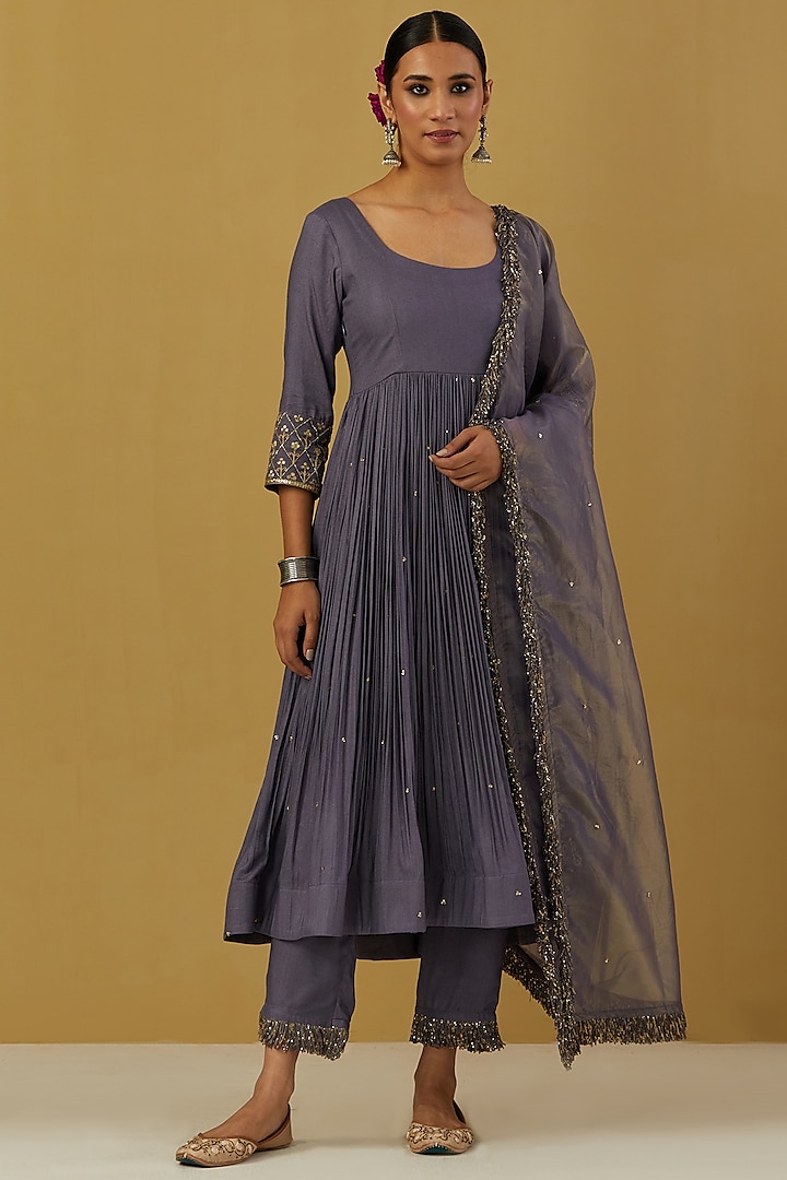 Blue Cheese Cotton Embroidered Anarkali Set by Ikshita Choudhary