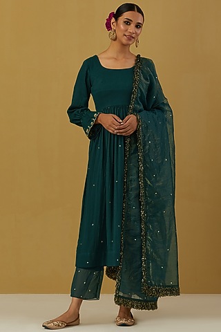 Green Embroidered Anarkali Set by Ikshita Choudhary