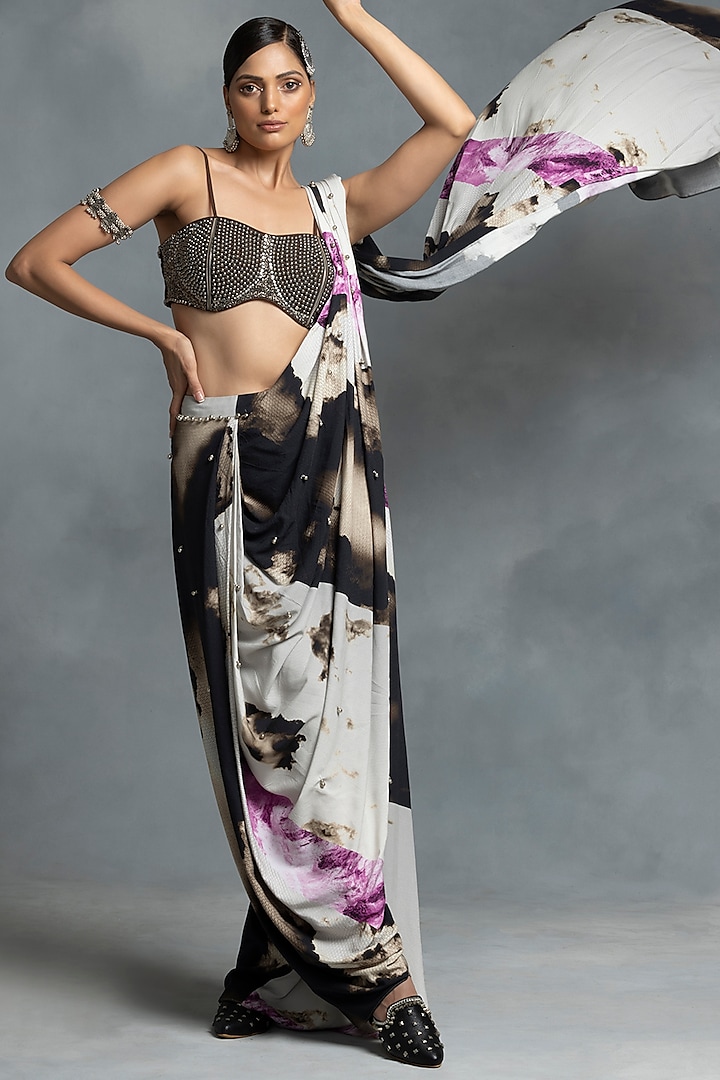 Multi-Colored Cotton Printed Draped Saree Set by IKKA by Kanika Saluja