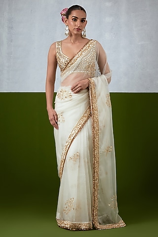 White Organza Hand Embroidered Saree Set by Ikshita Choudhary
