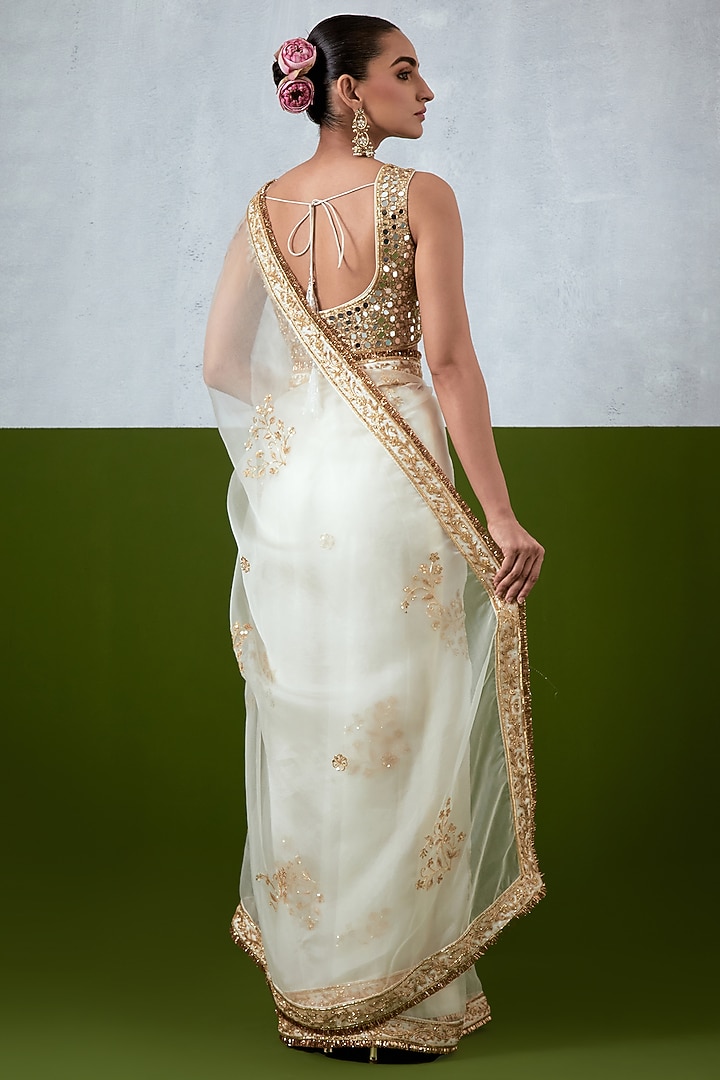 White Organza Hand Embroidered Wedding Saree Set by Ikshita Choudhary at Pernia's Pop Up Shop