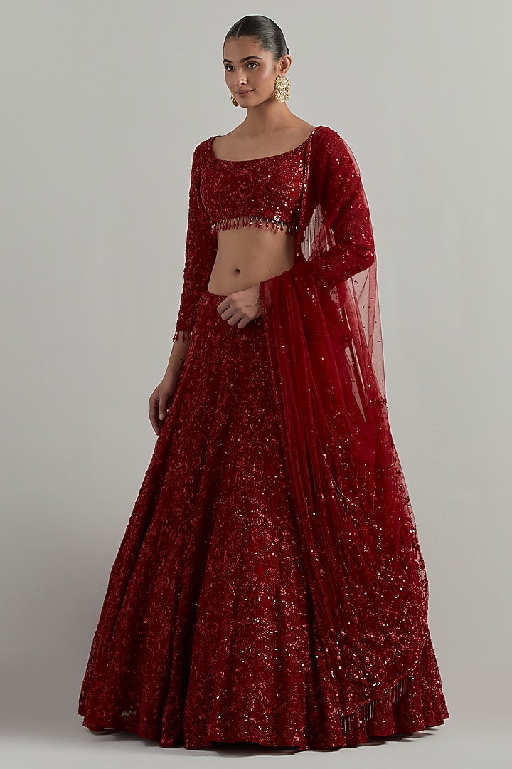 Red Net Hand Embroidered Bridal Lehenga Set by Ikshita Choudhary at Pernia's Pop Up Shop