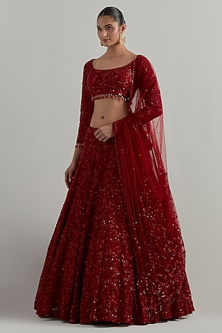 Red Net Hand Embroidered Lehenga Set by Ikshita Choudhary