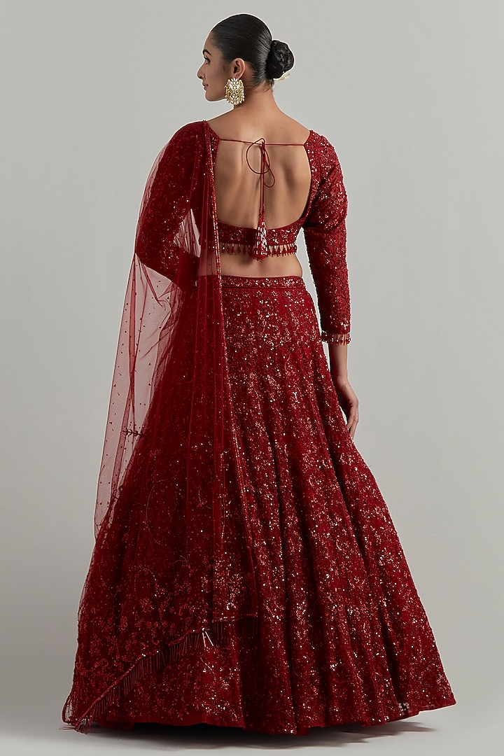 Red Net Hand Embroidered Bridal Lehenga Set by Ikshita Choudhary at Pernia's Pop Up Shop