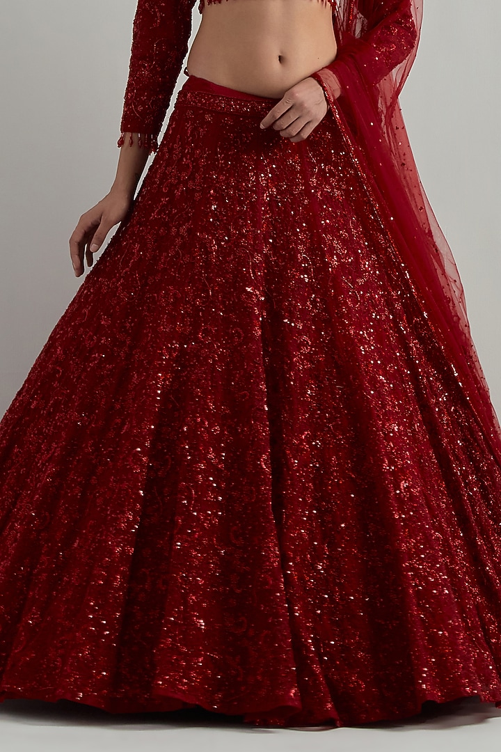 Red Net Hand Embroidered Bridal Lehenga Set by Ikshita Choudhary at Pernia's Pop Up Shop