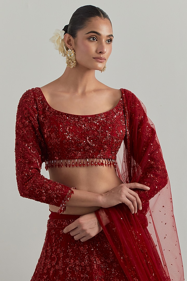 Red Net Hand Embroidered Bridal Lehenga Set by Ikshita Choudhary at Pernia's Pop Up Shop