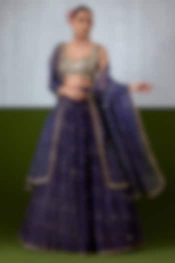 Blue Chanderi Hand Embroidered Wedding Lehenga Set by Ikshita Choudhary at Pernia's Pop Up Shop