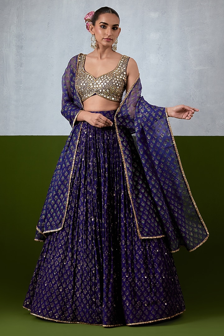 Blue Chanderi Hand Embroidered Wedding Lehenga Set by Ikshita Choudhary at Pernia's Pop Up Shop