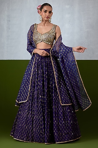 Blue Chanderi Hand Embroidered Lehenga Set by Ikshita Choudhary