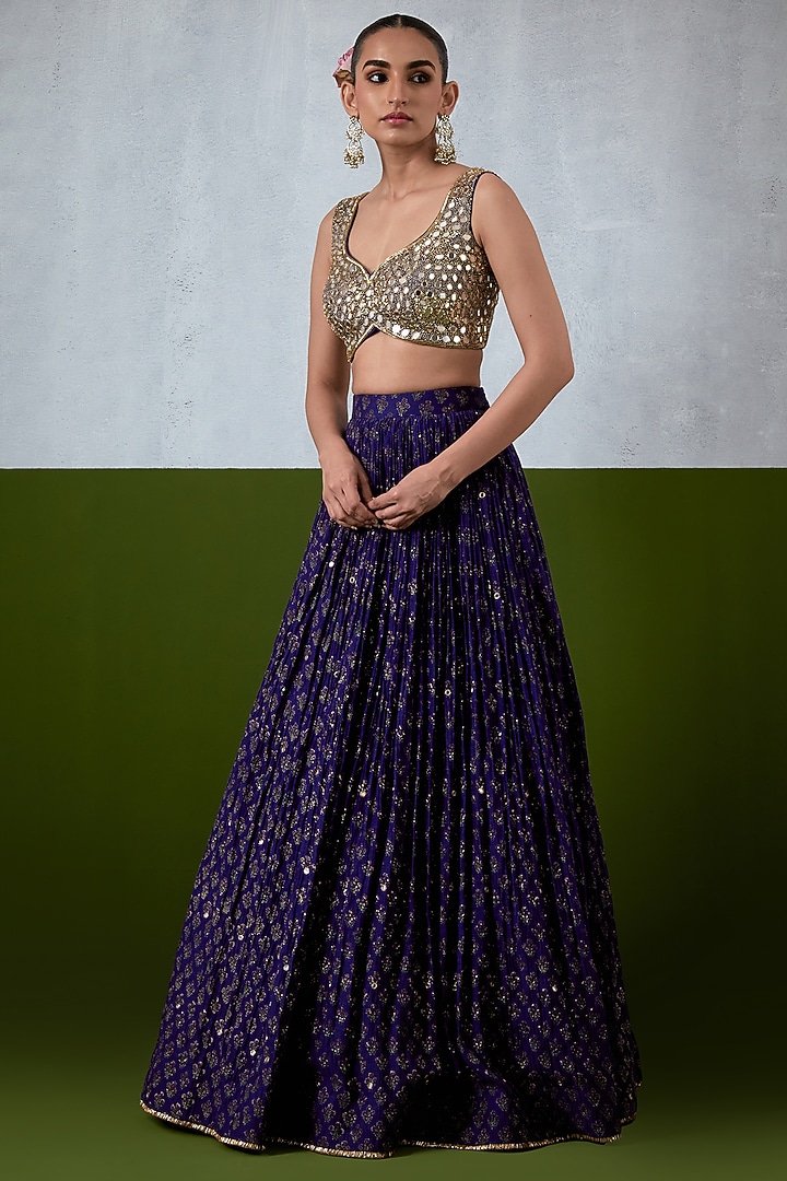 Blue Chanderi Hand Embroidered Wedding Lehenga Set by Ikshita Choudhary at Pernia's Pop Up Shop