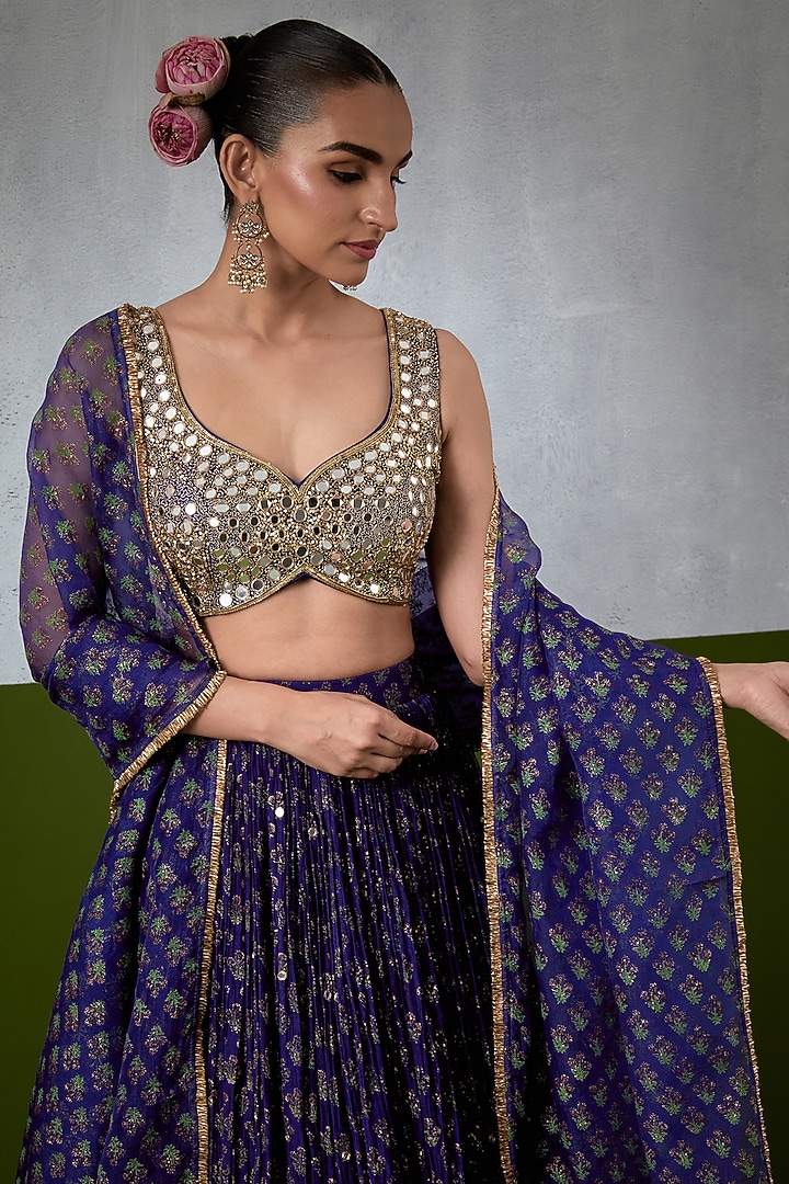 Blue Chanderi Hand Embroidered Wedding Lehenga Set by Ikshita Choudhary at Pernia's Pop Up Shop