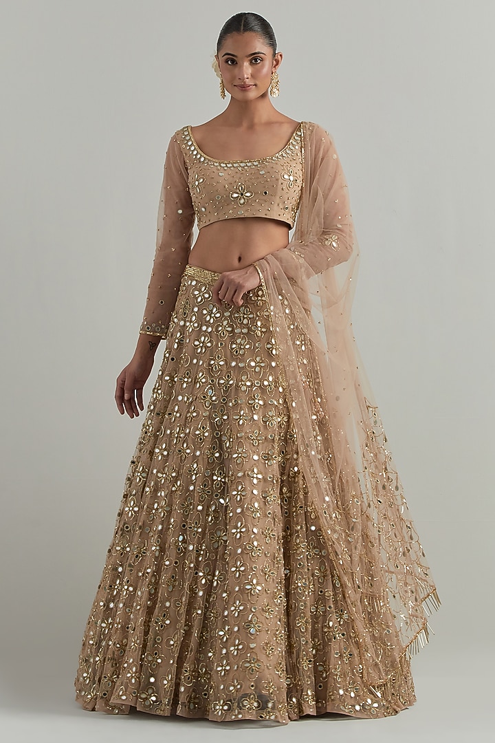 Beige Net Hand Embroidered Wedding Lehenga Set by Ikshita Choudhary at Pernia's Pop Up Shop