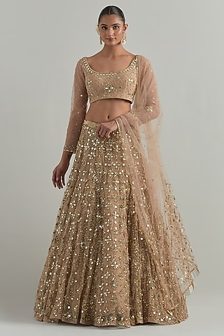 Beige Net Hand Embroidered Lehenga Set by Ikshita Choudhary