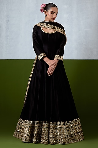 Black Chanderi Hand Embroidered Anarkali Set by Ikshita Choudhary