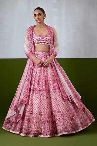Pink Organza Hand Embroidered Lehenga Set by Ikshita Choudhary