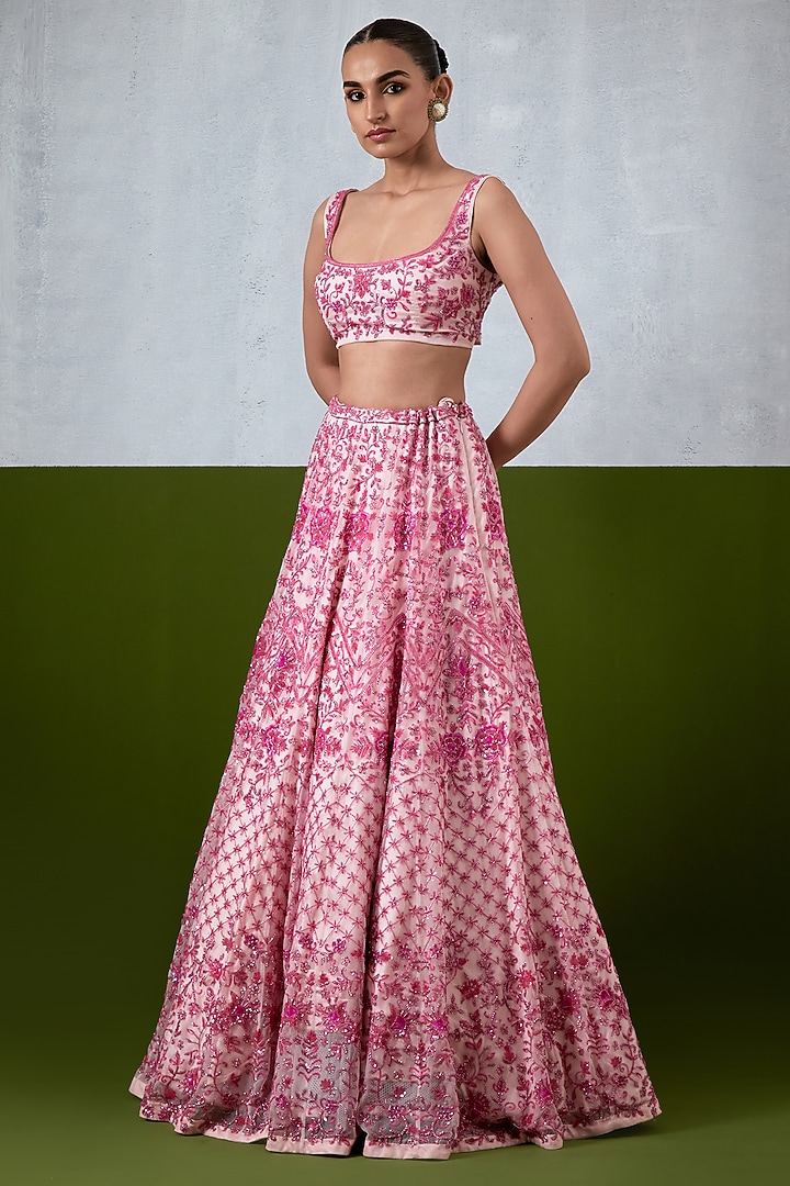Pink Organza Hand Embroidered Wedding Lehenga Set by Ikshita Choudhary at Pernia's Pop Up Shop