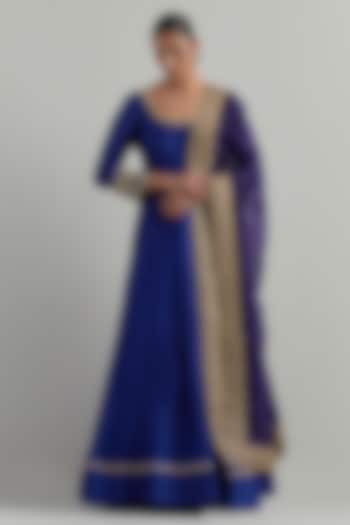 Blue Chanderi Hand Embroidered Wedding Anarkali Set by Ikshita Choudhary at Pernia's Pop Up Shop