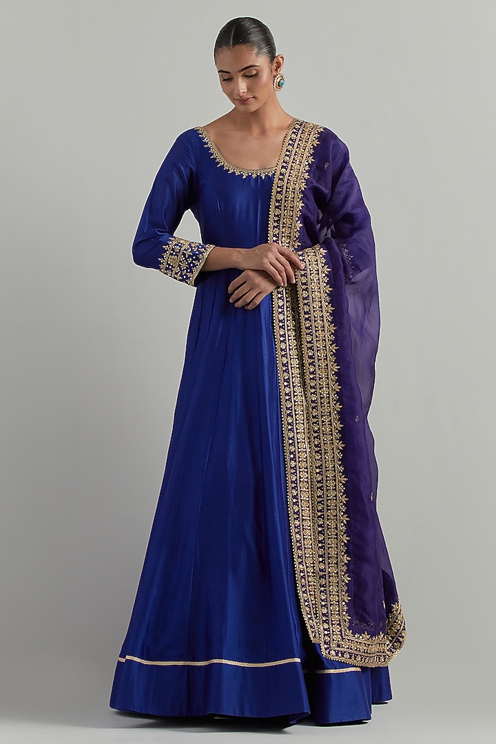 Blue Chanderi Hand Embroidered Wedding Anarkali Set by Ikshita Choudhary at Pernia's Pop Up Shop
