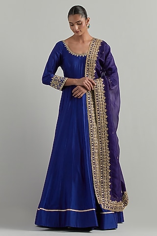 Blue Chanderi Hand Embroidered Anarkali Set by Ikshita Choudhary