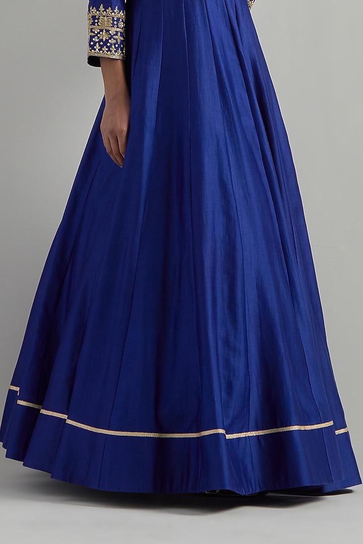 Blue Chanderi Hand Embroidered Wedding Anarkali Set by Ikshita Choudhary at Pernia's Pop Up Shop