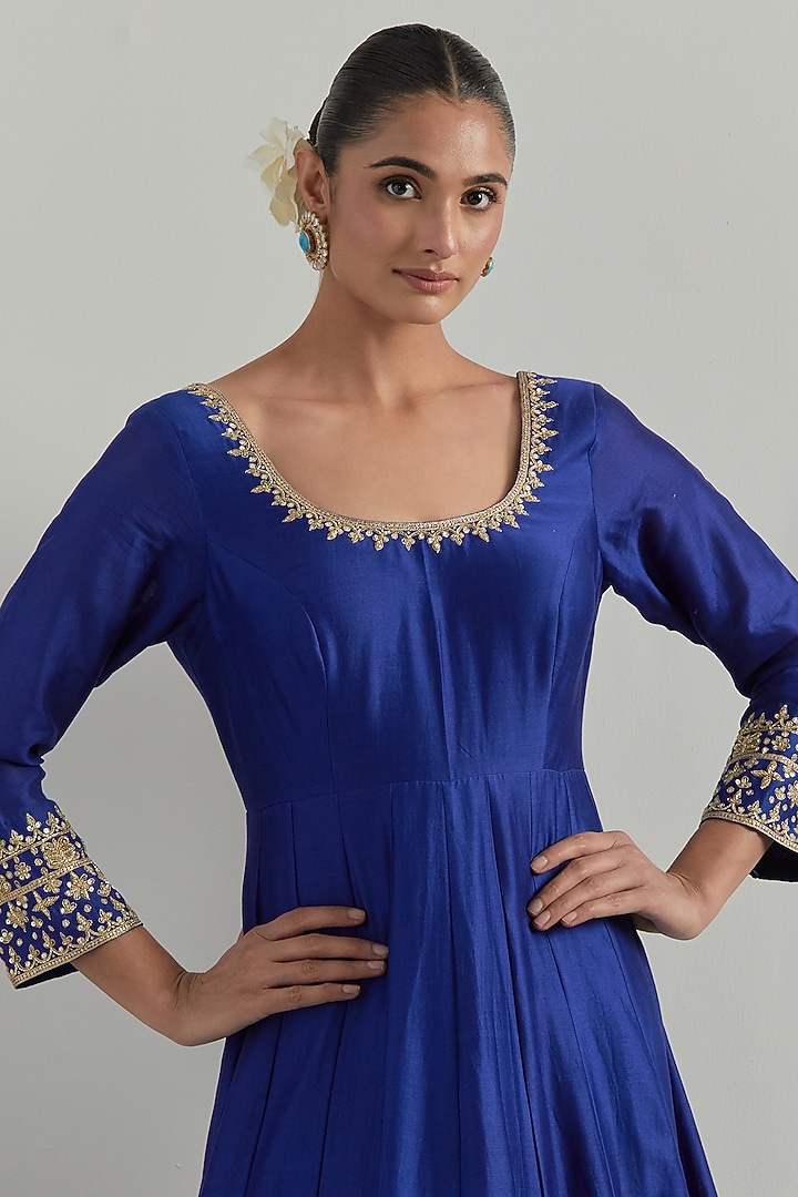 Blue Chanderi Hand Embroidered Wedding Anarkali Set by Ikshita Choudhary at Pernia's Pop Up Shop