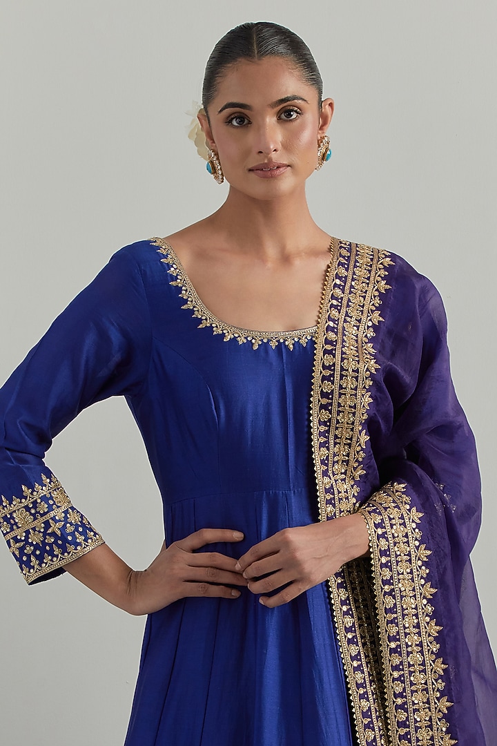 Blue Chanderi Hand Embroidered Wedding Anarkali Set by Ikshita Choudhary at Pernia's Pop Up Shop