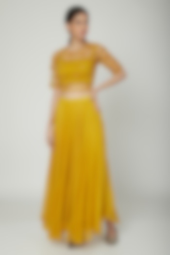 Mustard Embroidered Crop Top With Bralet & Skirt by ILK by Shikha and Vinita
