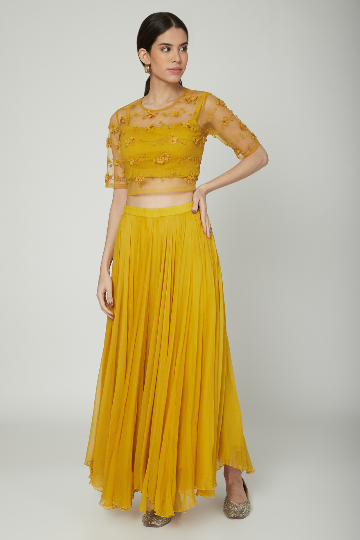 Mustard Embroidered Crop Top With Bralet & Skirt by ILK by Shikha and Vinita