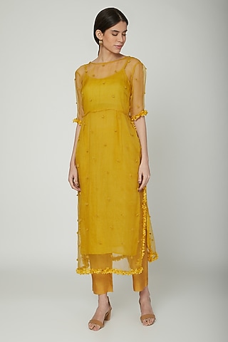 Mustard Embroidered Sheer Kurta Set by ILK by Shikha and Vinita