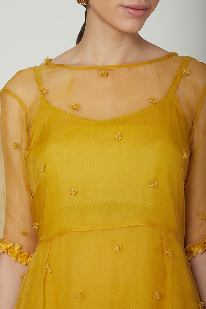 Mustard Embroidered Sheer Kurta Set by ILK by Shikha and Vinita at Pernia's Pop Up Shop