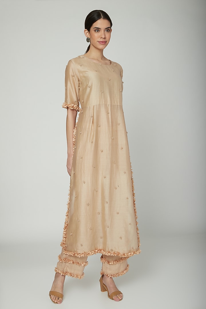 Beige Embroidered Pom-Pom Kurta Set by ILK by Shikha and Vinita at Pernia's Pop Up Shop