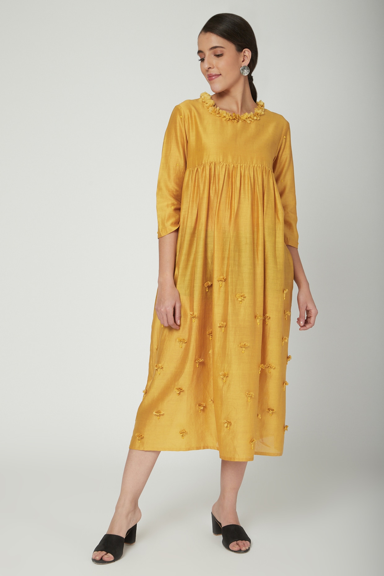 Mustard Embroidered Dress With Gathered Yoke by ILK by Shikha and Vinita at Pernia s Pop Up Shop 2024