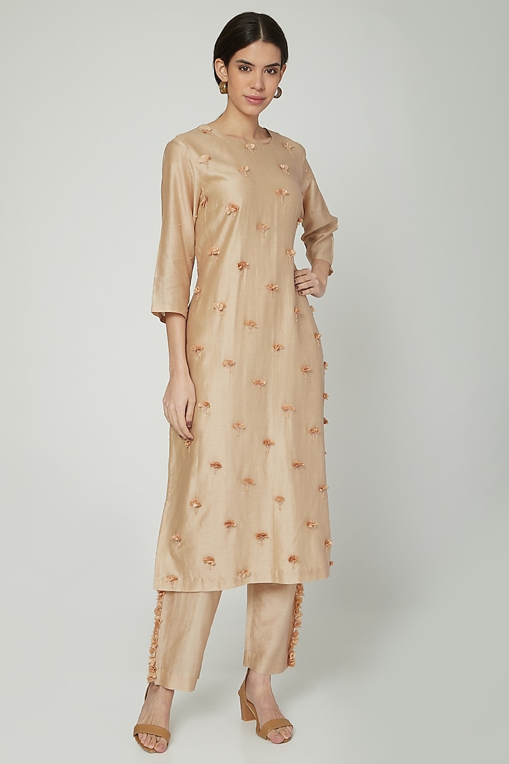 Beige Floral Embroidered Kurta by ILK by Shikha and Vinita
