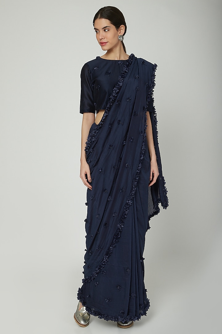 Navy Blue Floral Embroidered Saree by ILK by Shikha and Vinita