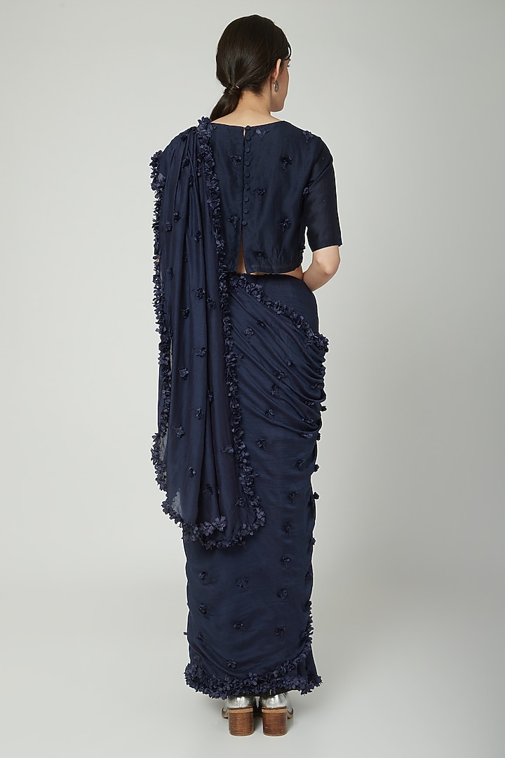 Navy Blue Floral Embroidered Party Wear Saree by ILK by Shikha and Vinita at Pernia's Pop Up Shop
