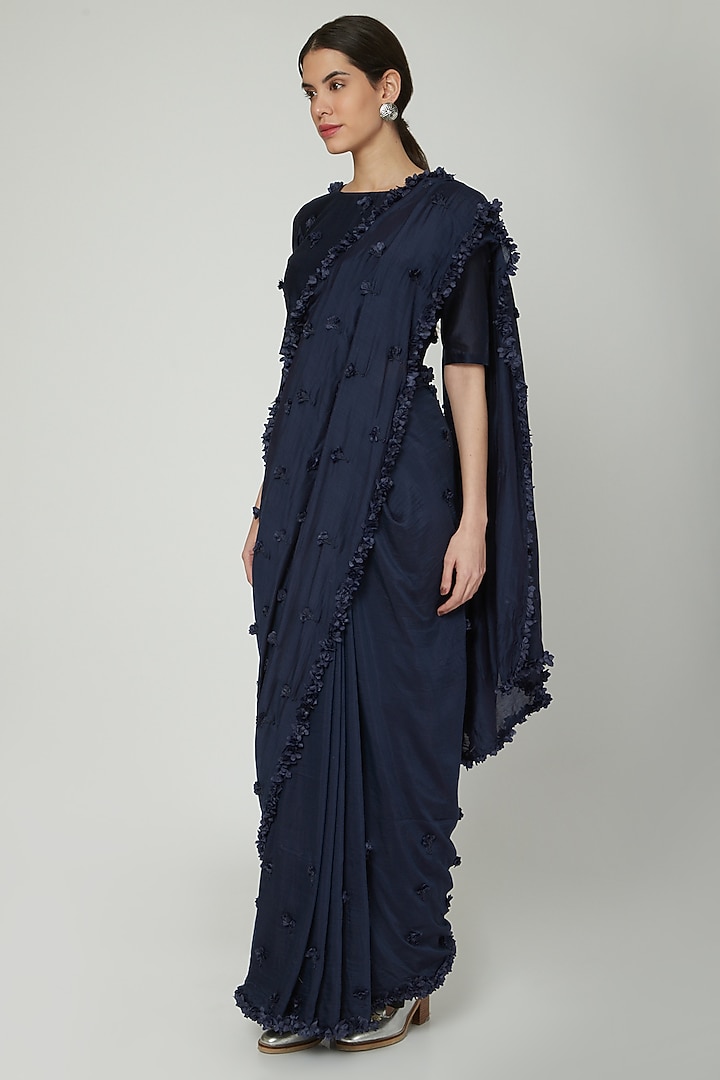 Navy Blue Floral Embroidered Party Wear Saree by ILK by Shikha and Vinita at Pernia's Pop Up Shop