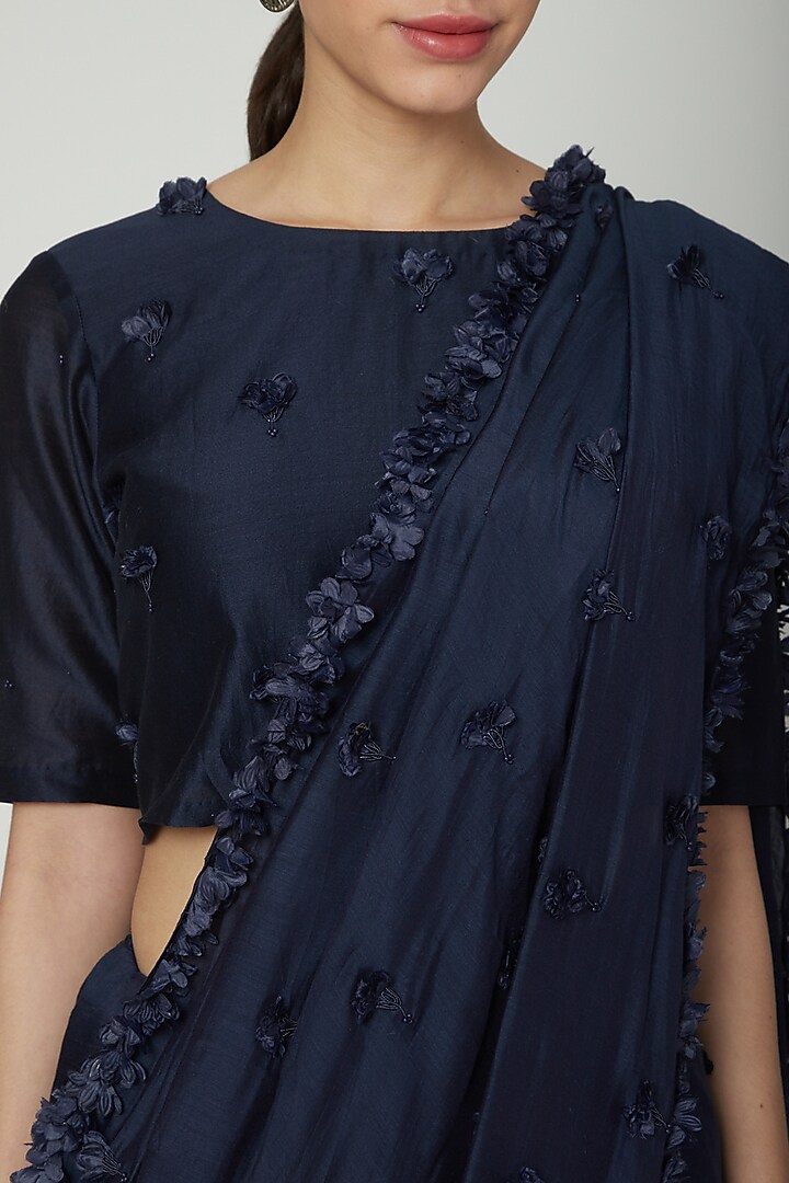 Navy Blue Floral Embroidered Party Wear Saree by ILK by Shikha and Vinita at Pernia's Pop Up Shop